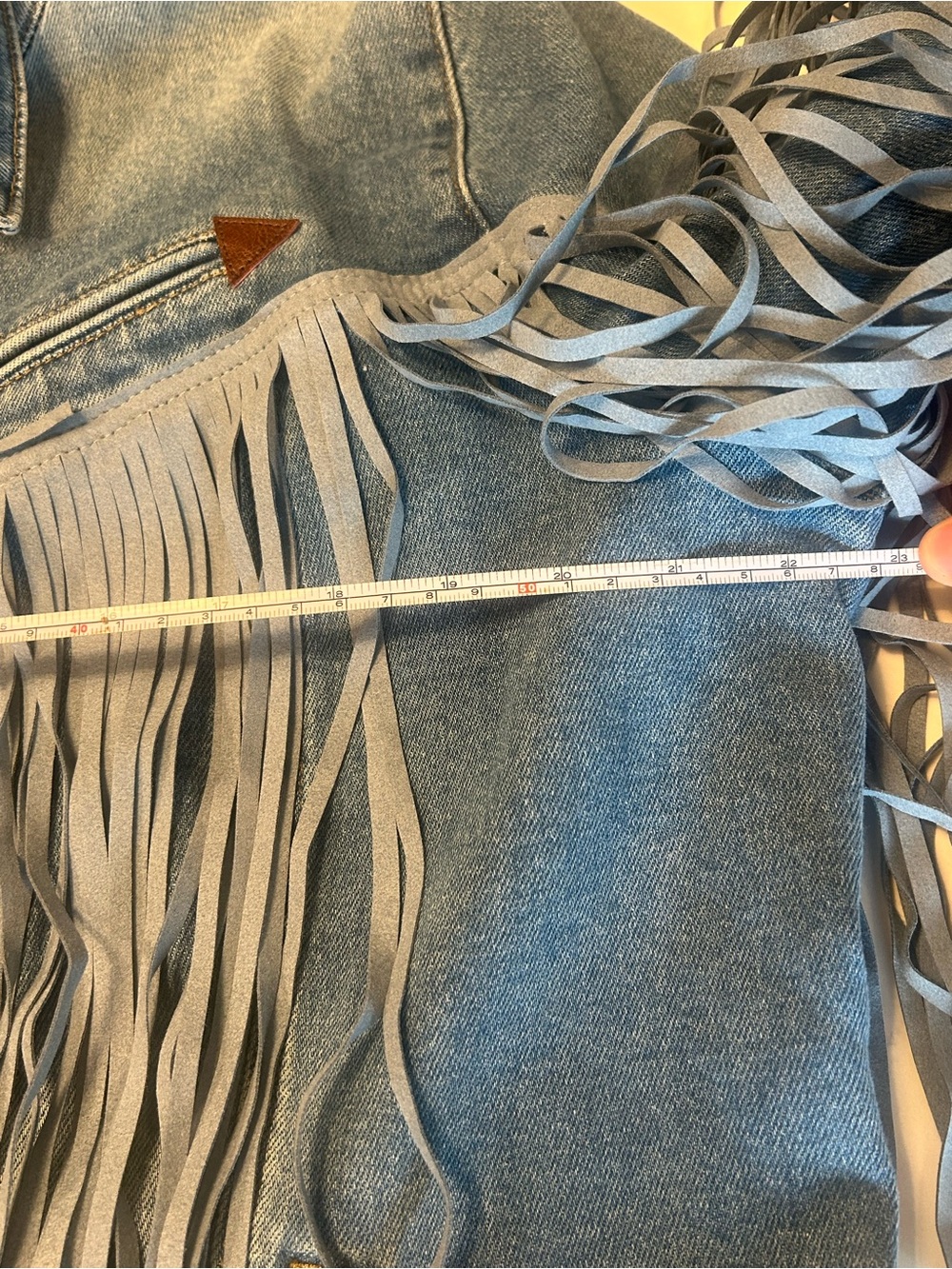 Rock & Roll Denim Light Wash Tonal Suede Fringe Button-Down Jacket - Picture 9 of 10